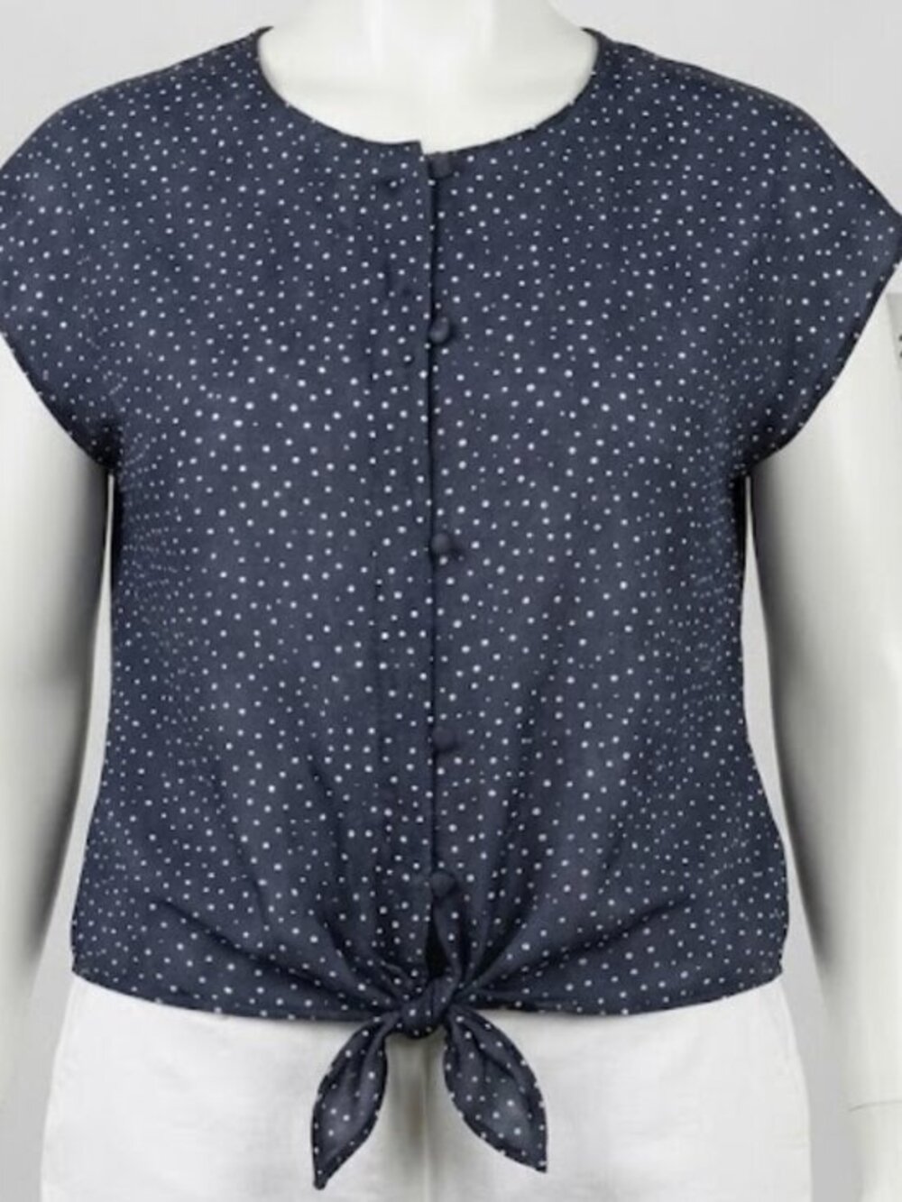 NWOT Hiatus Denim Blue White Polka Dot Tie-Front Short Sleeve Blouse 2X